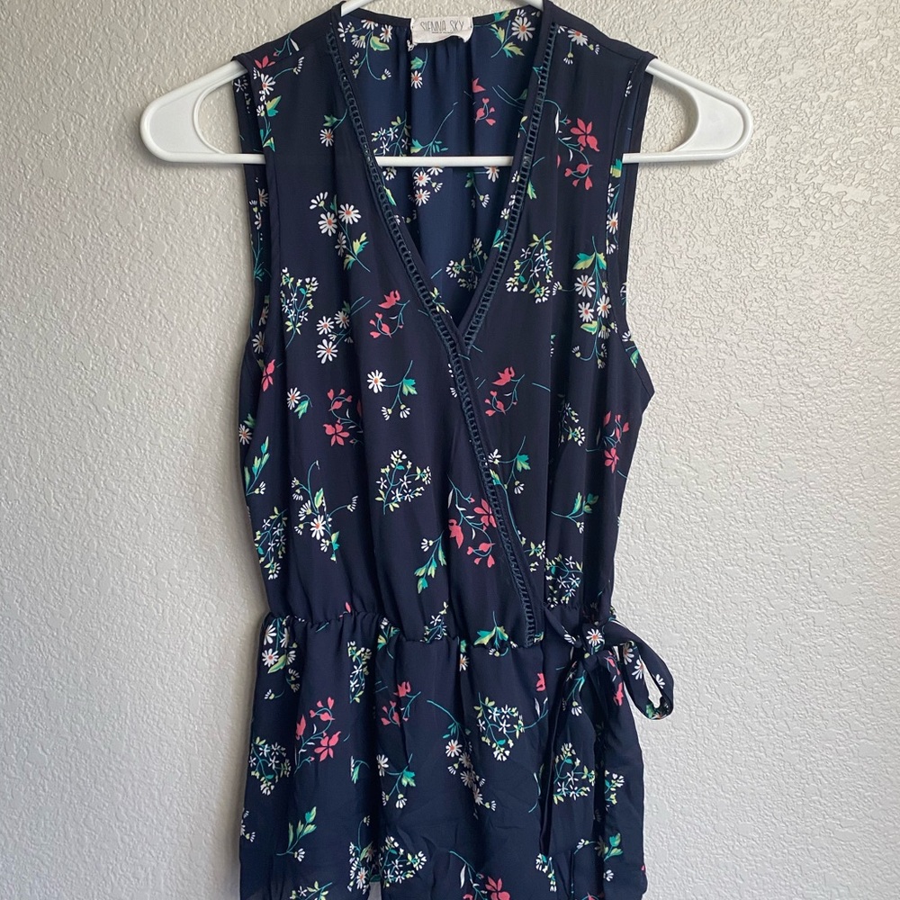 Navy Blue Floral Tie Top